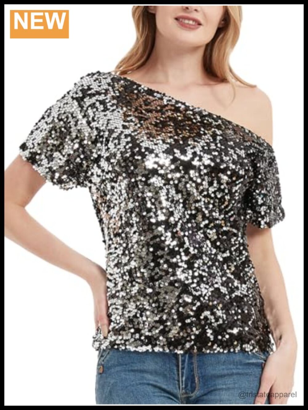 One Shoulder Sequin Glitter Short Sleeve Blouse Sparkly Party Top